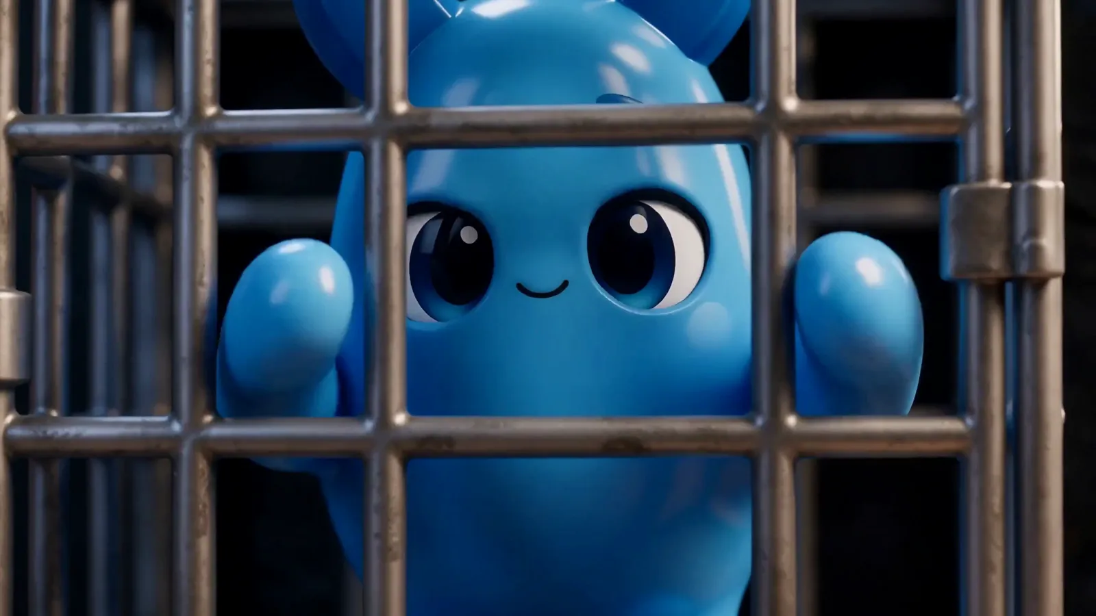Blue, a tall blue Magnetling, trapped behind the bars of a cage