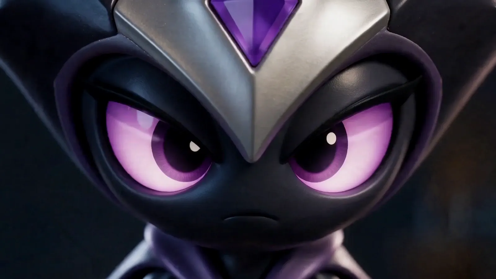 Close-up of Vexa, leader of the Nulls, with glowing purple eyes