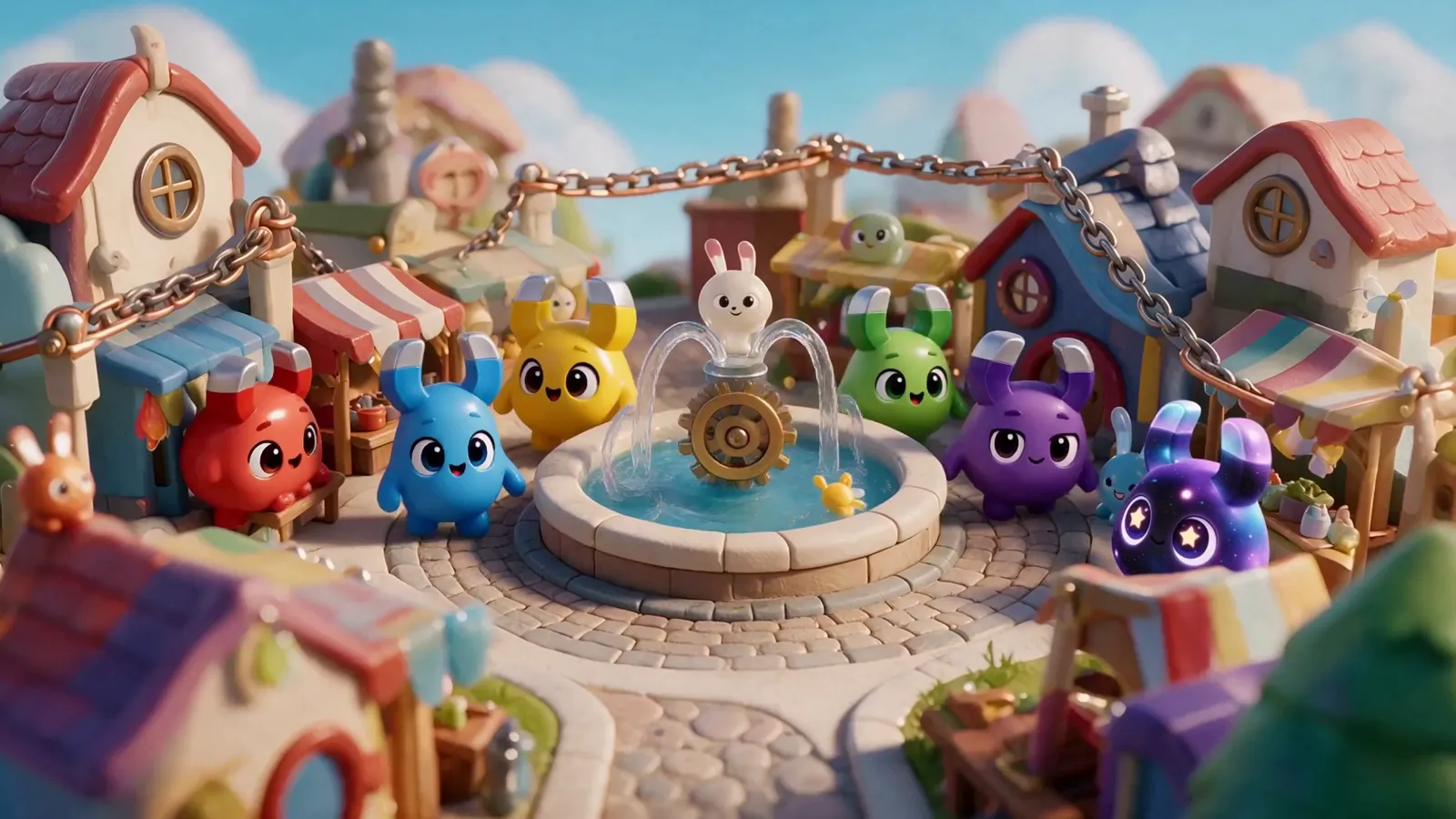 The Magnetlings gathered around a fountain in a colorful town square